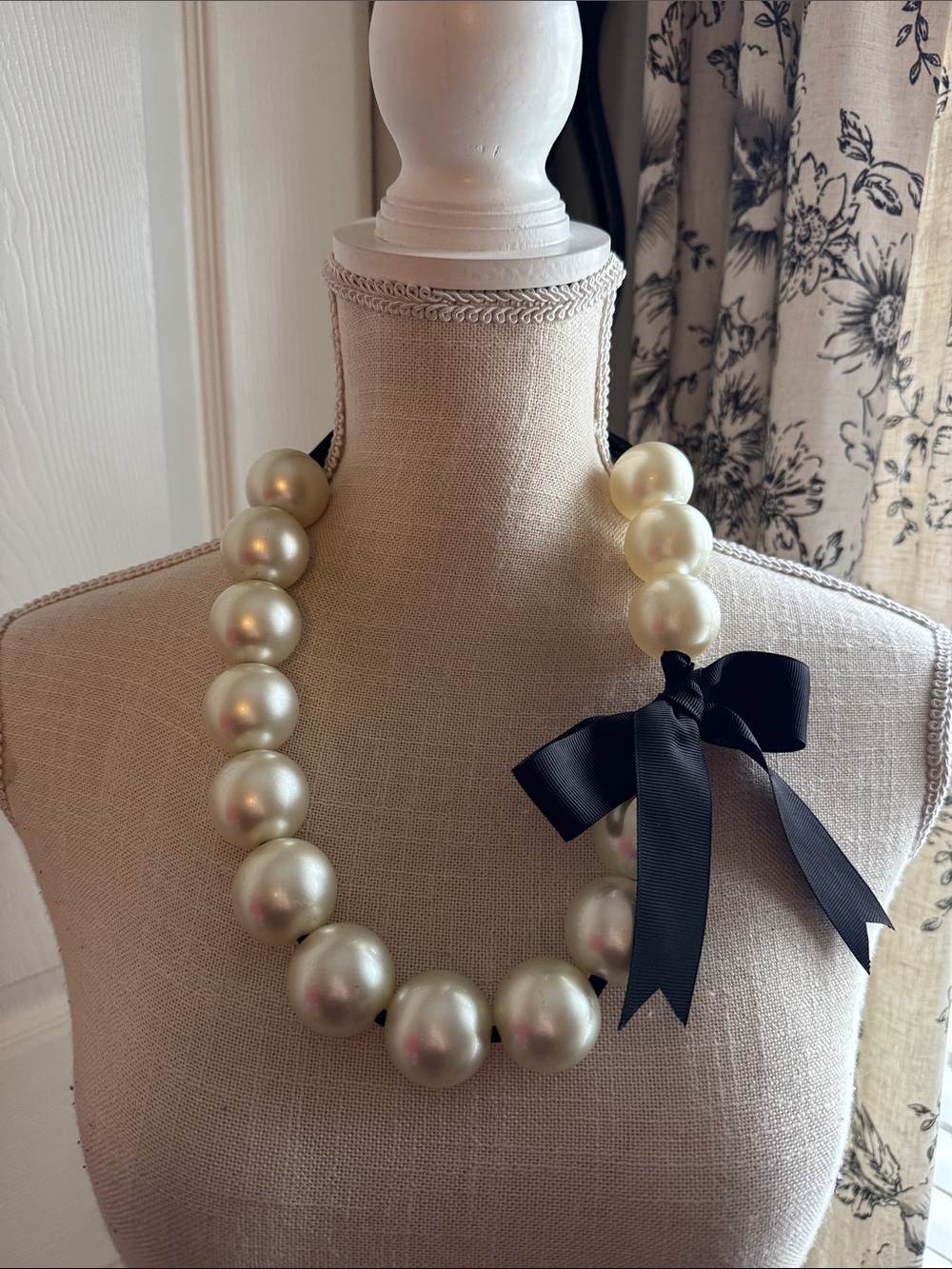 Pearl Statement Necklace with Black Ribbon